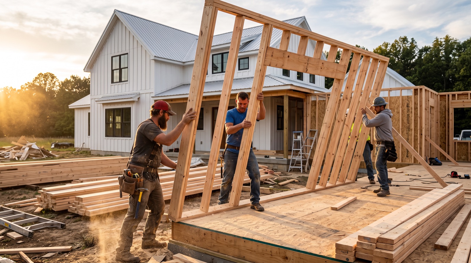 Crew of carpenters raising a framed wall on a farmhouse addition at golden hour