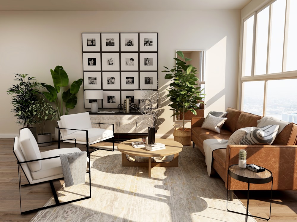 Warm living room with leather seating